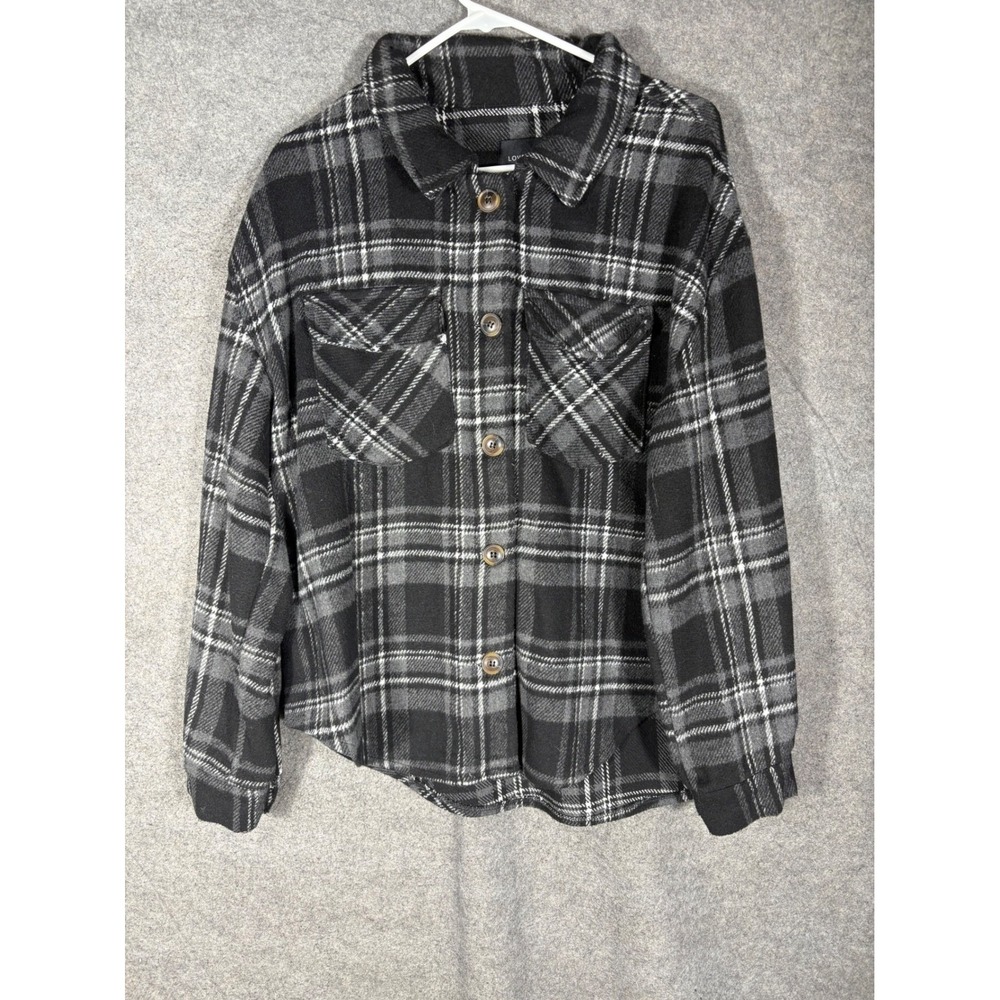 Love Tree Womens Black Grey Plaid Flannel Shacket Button Up Jacket Size L 80015J